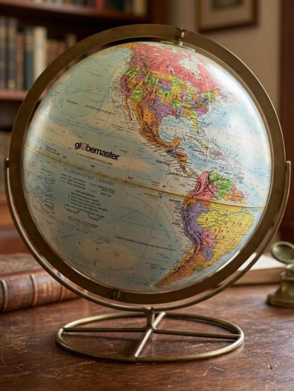 Vtg  Globemaster 12 Inch World Globe Brass Stand USA Map See Note Reduced Price.